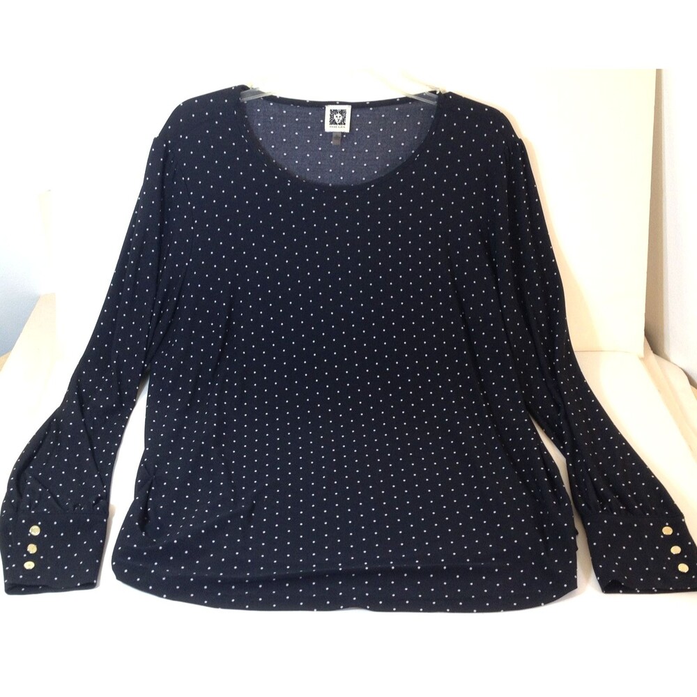 Anne Klein Pullover Polka Dot Top Long Sleeve Black w/ White Dots Size XL
